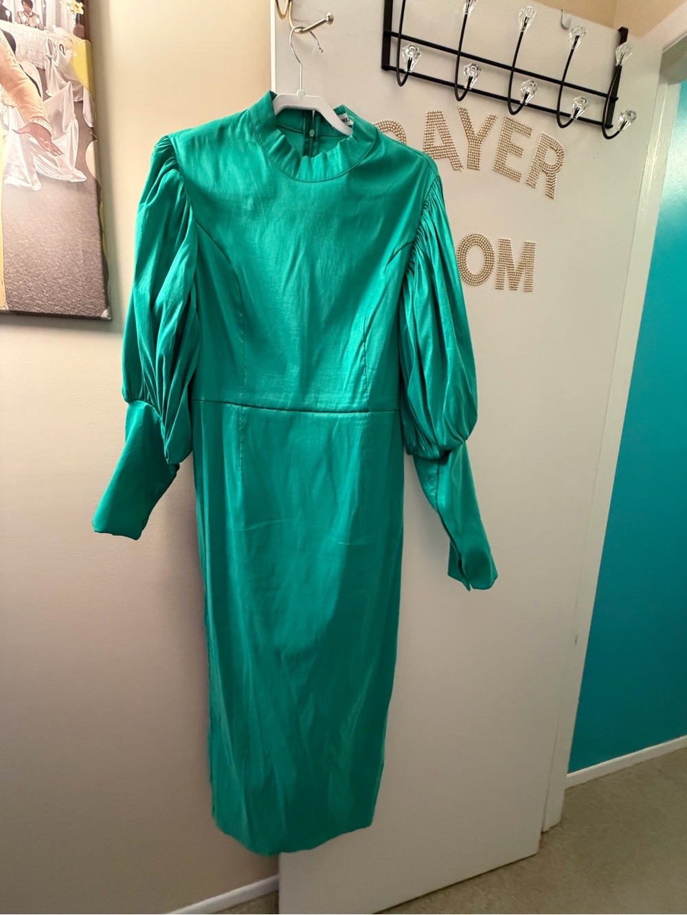 Puff-Sleeve Midi Dress in Emerald Green